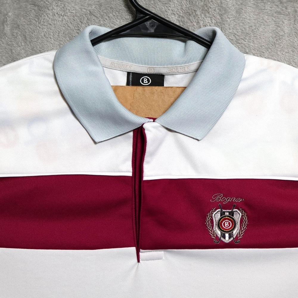 Bogner Polo Shirt Mens Medium White Red Gray Golf Crest Logo Performance Preppy